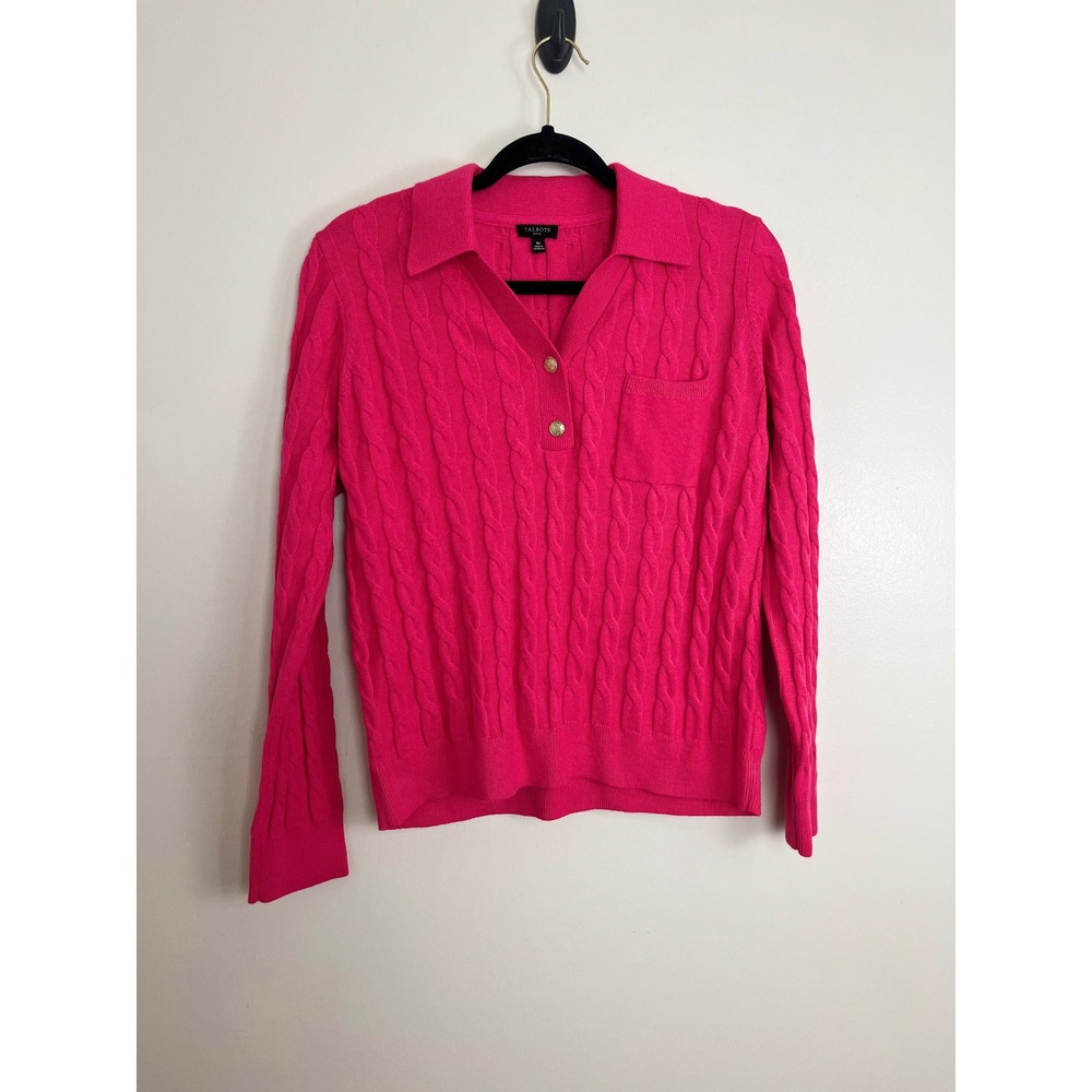 Talbots Preppy Cable Knit Polo Sweater Petite M Pink Gold Crest Button Pocket